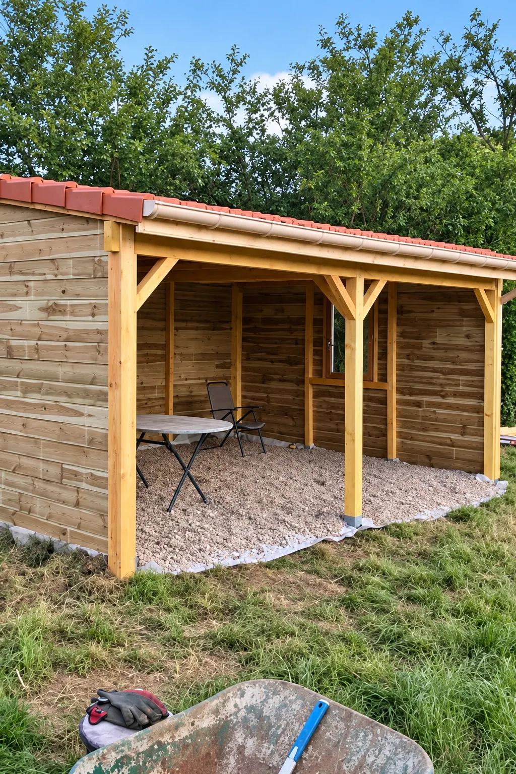 Abri de jardin en bois, toiture et abords