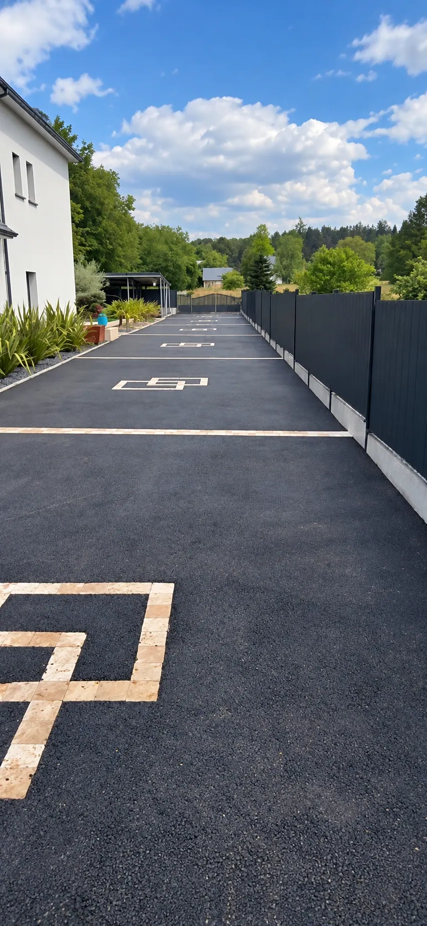 Allée en asphalte noir avec motifs géométriques en pierre claire et clôture anthracite