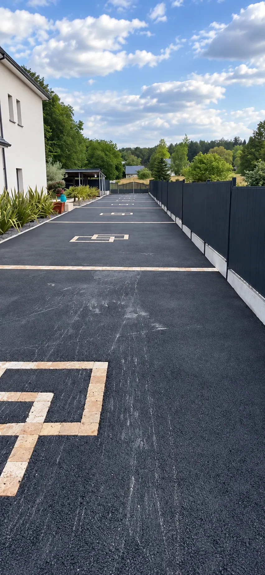 Allée en enrobé avec incrustations de pierre et clôture anthracite