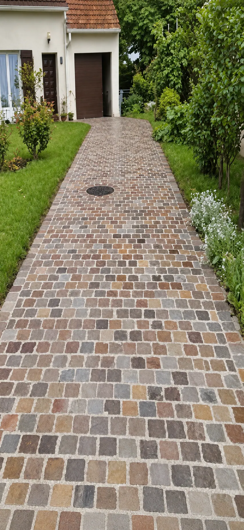 Allée pavée en pavés vers une maison, avec joints et raccord au garage